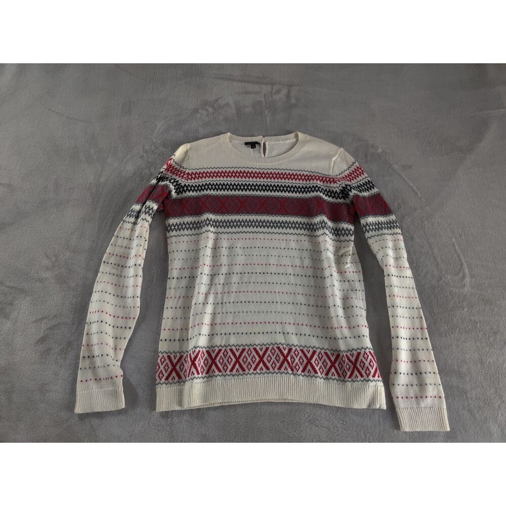 Cream sweater with red and grey and black design. Size Medium